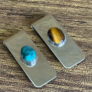 Vintage Pair Mexican Silver Turquoise & Tiger Eye Artisan Money Clips Signed JH‎